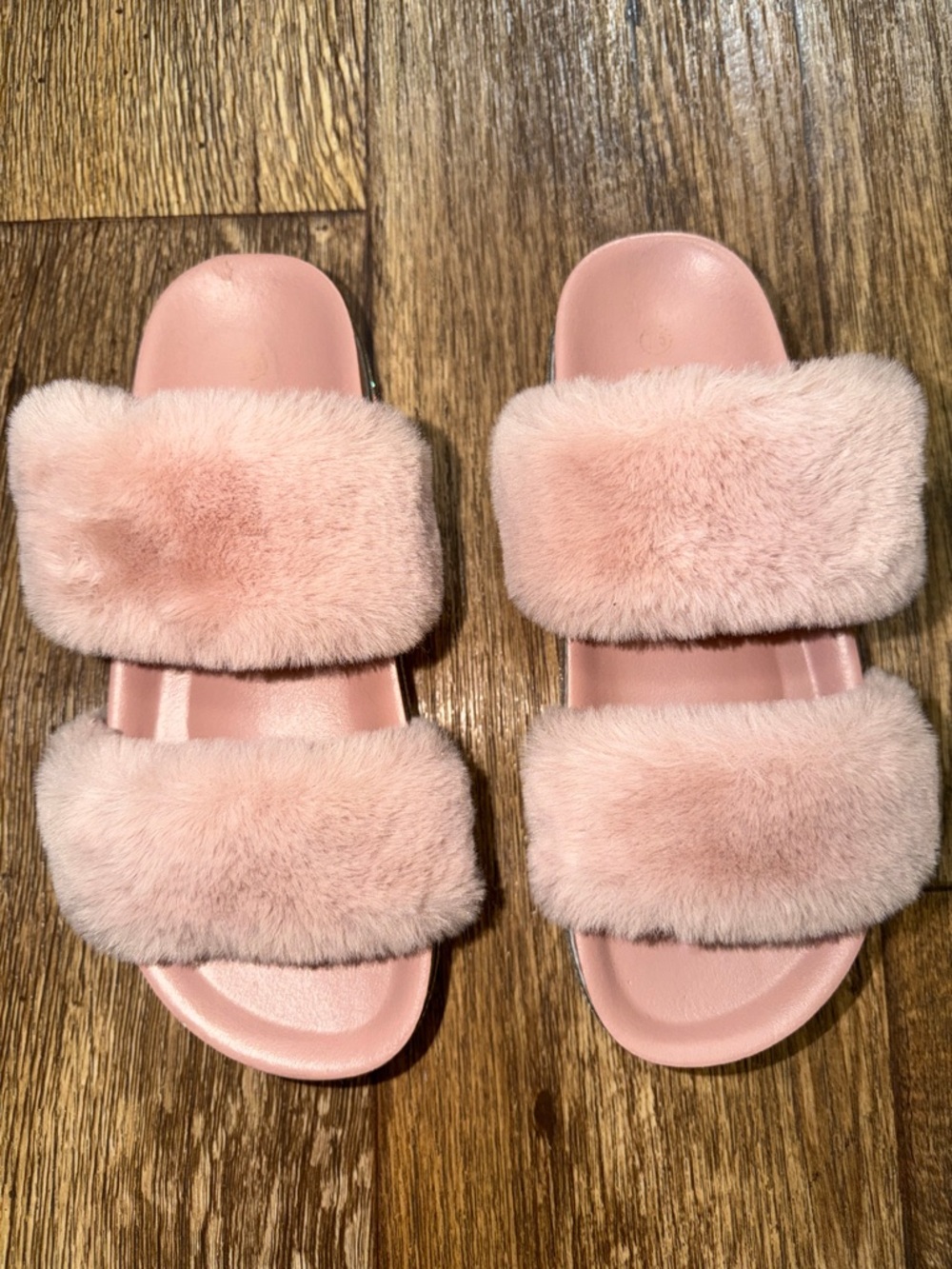 Plush Double-Strap Fuzzy Slide Sandals in Blush Pink